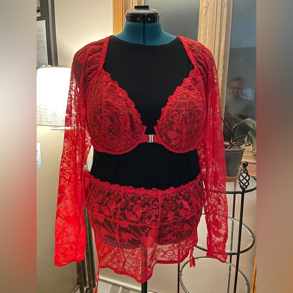 Savage x Fenty Lovestruck Lace Bra Top & Lace Garter Skirt Set 3X Goji berry red